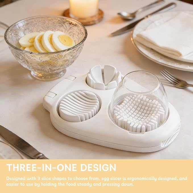 3 in 1 Boiled Egg Slicer, Manual Egg Cutter with 3 Slice Modes, Stainless Steel Kitchen Gadget for Hard Boiled Eggs, Butter, Strawberry, Tomato, Cheese, Easy to Clean & Store (COLOR:White)