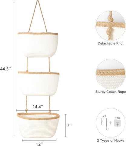 TeoKJ Over the Door Hanging Basket, 3-Tier Woven Cotton Wall-Mounted Storage Organizer Bag Decorative Hanging Nursery Baskets, White & Dark Brown