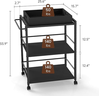 3 Tier Kitchen Cart, Rolling Bar Cart for Tea, Coffee, Liquor, and Drink Service with Removable Serving Detachable Server, Black