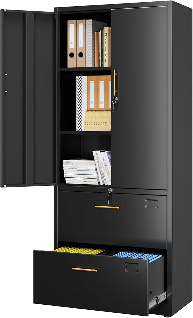 2 Drawer File Cabinet with Lock,Metal Filing Cabinet with Doors for Home Office School for Hanging Letter/Legal/F4/A4 Size Folders,Required Assembly,Black