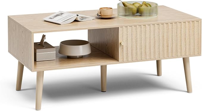 LCRBOL Coffee Table with Storage, Boho Dining Table with Sliding Fluted Door and Solid Wood Legs, Small Coffee Tables for Living Room, Oak