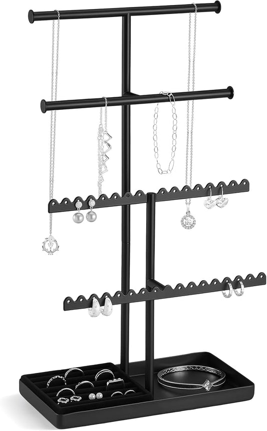 Lolalet 4-Tier Jewelry Organizer Stand, Metal Jewellery Holder, Dresser Display Rack for Necklace Earring Bracelets Rings, Gift for Women Girls -Black