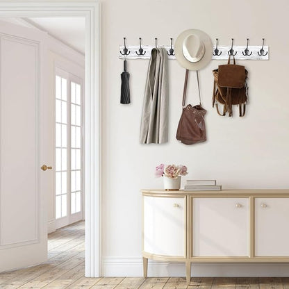 IBosins 34'' Coat Rack Wall Mount with 10 Tri-Hooks, Heavy Duty, Vintage White Color Wood Coat Hanger, Rustic Coat Hooks Rail for Entryway Living Room Coat Scarf Bag Towel Hat