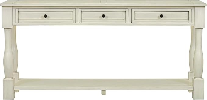 Knocbel 64 Inch Long Antique Entry Console Table with Drawers & Bottom Open Shelf, Solid Wood Sofa Couch Table for Entryway Hallway Living Room (Antique White)