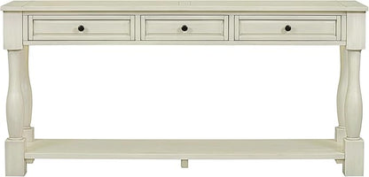 Knocbel 64 Inch Long Antique Entry Console Table with Drawers & Bottom Open Shelf, Solid Wood Sofa Couch Table for Entryway Hallway Living Room (Antique White)