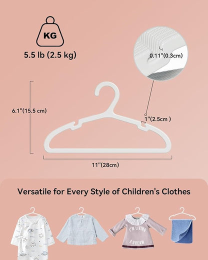 Plastic Baby Hangers, Pack of 60, Ultra Slim Closet Hangers, Non-Slip, Space-Saving, Sturdy, 11" W x 6.1" H (for Children Aged 0-6 Years), White, UAPY0660W