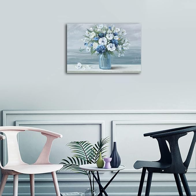 Vintage Blue White Blossom Retro Flowers in Vase Canvas Painting - Ocean Seagull Background Artwork Prints for Bathroom Bedroom Wall Decor - 24" X 16