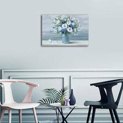 Vintage Blue White Blossom Retro Flowers in Vase Canvas Painting - Ocean Seagull Background Artwork Prints for Bathroom Bedroom Wall Decor - 24" X 16