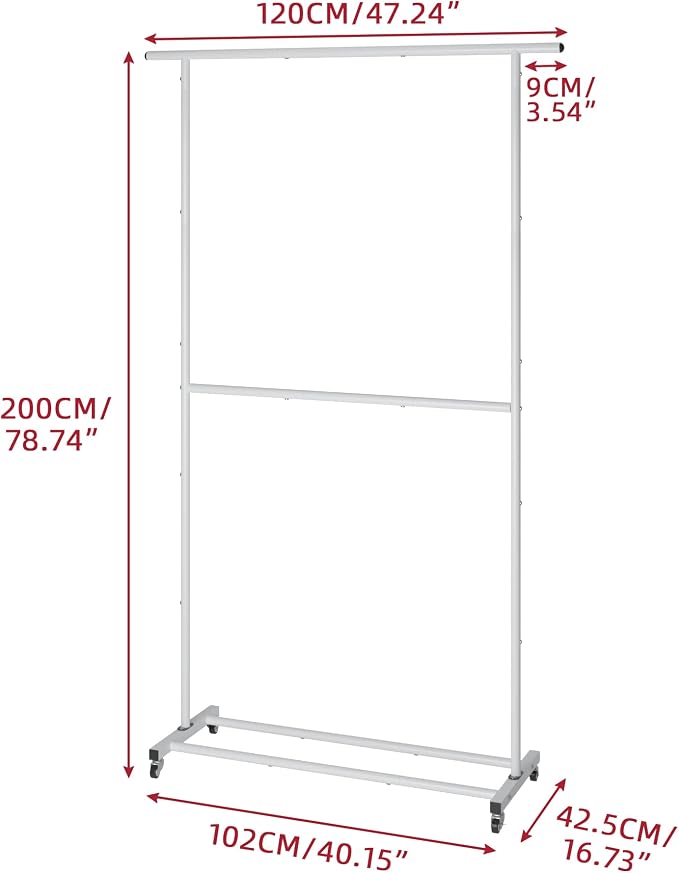 Sywhitta Double Rod Clothing Garment Rack, Rolling Clothes Organizer on Wheels for Hanging Clothes, Easy to Assemble, Adjustable, White