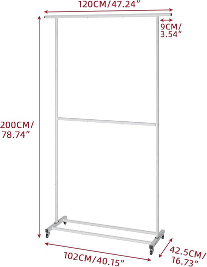 Sywhitta Double Rod Clothing Garment Rack, Rolling Clothes Organizer on Wheels for Hanging Clothes, Easy to Assemble, Adjustable, White