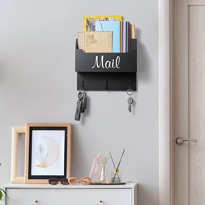DRASTAR Mail Organizer Wall Mounted, Wooden Mail Sorter & Key Holder for Wall, Hanging Mail Organizer, Black Mail Basket for Home Office