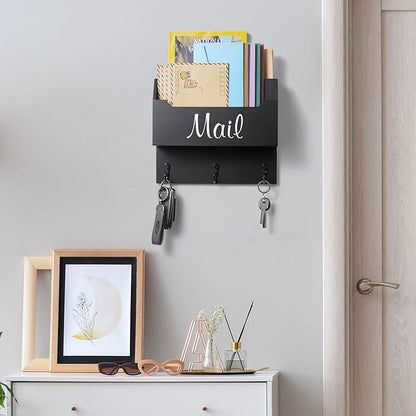 DRASTAR Mail Organizer Wall Mounted, Wooden Mail Sorter & Key Holder for Wall, Hanging Mail Organizer, Black Mail Basket for Home Office