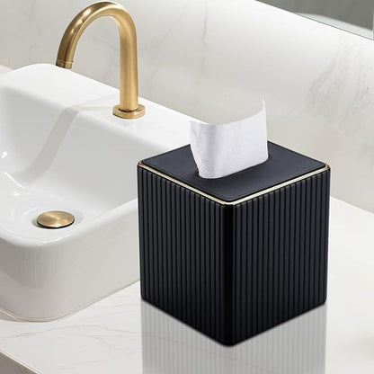 KINGFOM Tissue Box Cover, PU Leather Square Tissue Box Holder for Kleenexs with Magnetic Bottom Cover for Facial Tissues/Napkins, Office & Living Room Decor Box Black