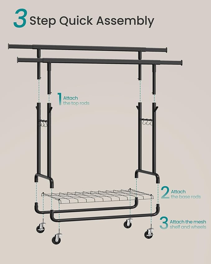 SONGMICS Clothes Rack, Heavy-Duty Rolling Clothing Garment Rack with Wheels, Extendable Double Hanging Rods and Adjustable Height, Portable, with Shelf and Hooks, Ink Black UHSR015B01