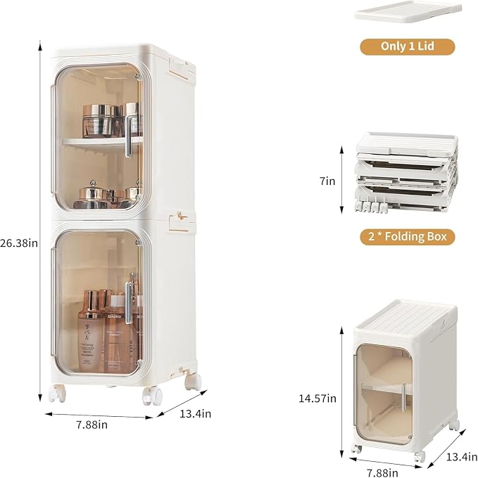 2-Tier Slim Narrow Bathroom Storage Cabinet, Cream White | Tool Free Assembly, Adjustable shelves, Fits for Narrow Spaces, Lockable Wheels, Magnetic Clear Door
