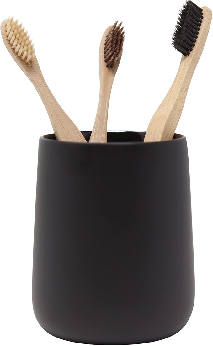 Yew Design Matte Black Toothbrush and Toothpaste Holder and Cup for Bathroom Vanity and Countertop, Round Organizer for Electric Toothbrushes, Floss, Razors, Cotton, and Mouthwash