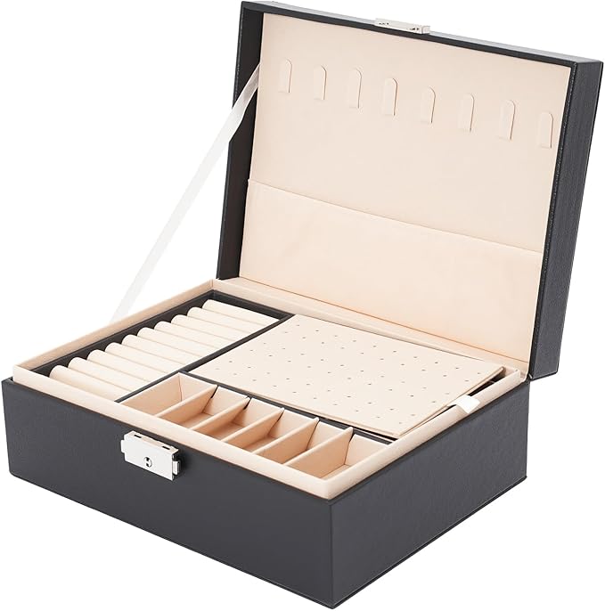 Jewelry Box Organizer, 2 Layer Classical Organizer, Jewelry Display Box for Necklaces Earrings Bracelets Rings Watches - Black