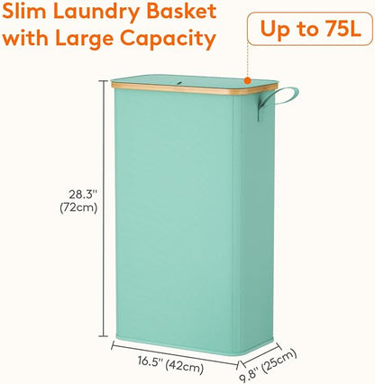 Lifewit 75L Slim Laundry Hamper with Lid, Narrow Laundry Basket with Removable Bag & Bamboo Handles, Fodable Thin Dirty Clothes Hamper for Laundry Collapsible Bin for Bathroom Bedroom Dorm, Sage Green