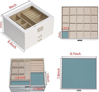 BOOVO Clear Lid Jewelry Box,3 Layers Jewelry Organizer Large Multi-Functional Jewelry Storage Box with 2 Drawers,Jewelry Display Case of Rings Earrings Necklace Bracelets for Women Girls (White)