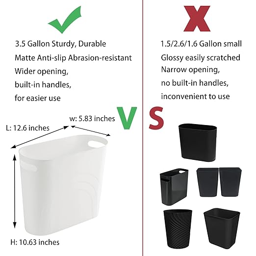 rejomiik Small Trash Can, 3.5 Gallon Slim Garbage Can Plastic Waste Basket with Handles Container Bin for Narrow Spaces Bathroom, Bedroom, Kitchen, Office at Home, 2 Pack White