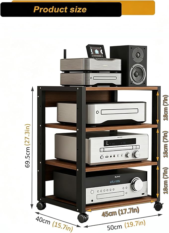 4 Tier AV Media Stand, Audio Rack Tower Stereo Components Cabinet, Home Theatre CD Record Player Stereo Receiver Equipment Rack with Adjustable Wood Shelves, Load 220lbs (Walnut Brown)