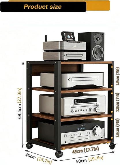 4 Tier AV Media Stand, Audio Rack Tower Stereo Components Cabinet, Home Theatre CD Record Player Stereo Receiver Equipment Rack with Adjustable Wood Shelves, Load 220lbs (Walnut Brown)