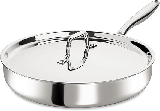 12 Inch Tri-Ply Stainless Steel Frying Pan, Frying Pan with Lid, PFOA/PTFE Free Skillet, Induction Cooking Pans, Dishwasher & Oven Broiler Safe 600F, Professional Cookware, Heavy Duty & Even Heat