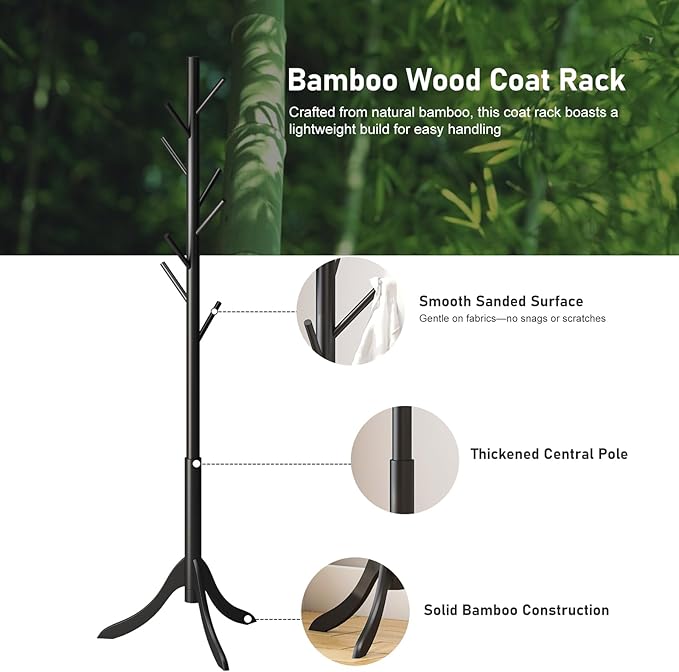 kiplant Black Coat Rack Stand, Bamboo Wood Freestanding Coat Tree with 8 Hooks, Hallway Entryway Hat Hanger Organizer Standing for Bedroom, Office, Clothes, Jackets, Bags, Umbrallas