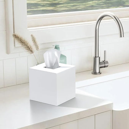 Tissue Box Cover, PITBVO Acrylic Tissue Box Holder Square Tissue Box Cover, Handmade Facial Tissue Holder Napkin Dispenser for Bathroom Kitchen Bedroom Office (Matte White, 5.5x5.5x5.5)