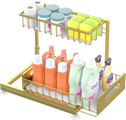 Under Sink Organizer Storage 2-Tier Premium Metal Pull-Out Kitchen Cabinet Organizer with Sliding Drawer, Height Adjustable, Heavy Duty for Kitchen & Bathroom Organizers 1 Pack Gold