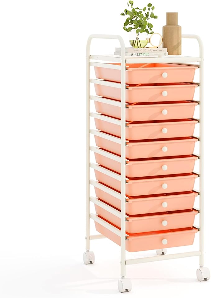RELAX4LIFE 10 Drawer Rolling Cart - Slim Storage Cart w/Lockable Wheels for Classroom School Teacher Office, Art Supplies Paper Scrapbook Craft Organizers, Utility Cart with Drawers (Peach Pink)