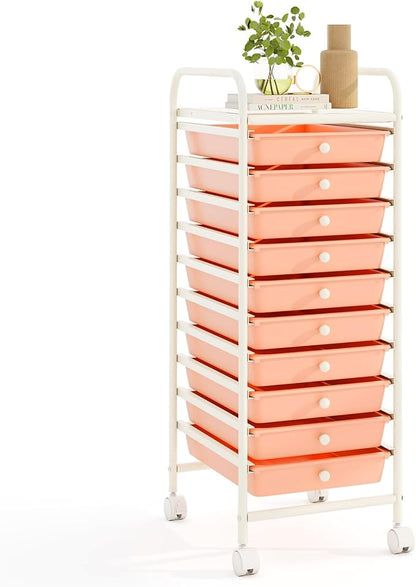 RELAX4LIFE 10 Drawer Rolling Cart - Slim Storage Cart w/Lockable Wheels for Classroom School Teacher Office, Art Supplies Paper Scrapbook Craft Organizers, Utility Cart with Drawers (Peach Pink)