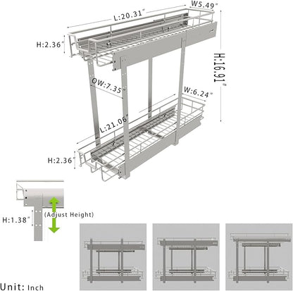 EZKAZA Pull Out Cabinet Organizer 7.5" W x 21" D, 2-Tier Kitchen Cabinet Pullout Shelf and Drawer Organizer Slide Out Pantry Storage Basket, 6.2" W x 21" D x 2.4" H for Bottom Basket Size