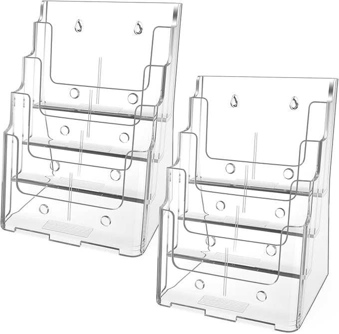 MaxGear Acrylic Brochure Holder 8.5 x 11 inch, 4 Tier Clear Literature Organizer Magazine Stand Display with Removable Divider for 4 x 9 inch Brochures, Pamphlet, Wall Mount or Countertop, 2 Pack