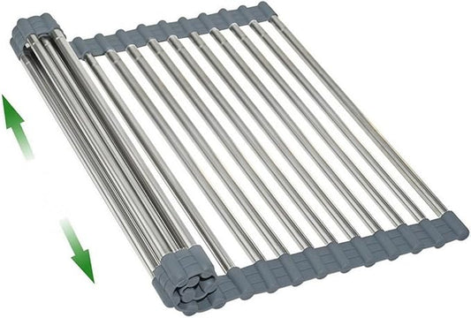 Expandable Large Draining Rack, Roll Up Heat-Resistant Dish Drainer for Stainless Steel Sinks, Collapsible Over The Sink Rack Non-Slip Silicone Rolling Up Rack 18 Tube