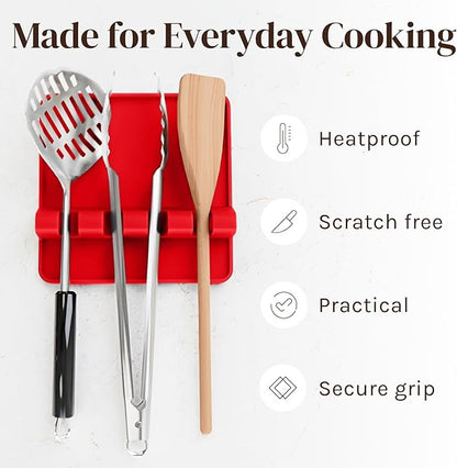 Cooler Kitchen Red Silicone Spoon Rest for Stove Top with Drip Pad (Two Pack) - Heat-Resistant, BPA-Free Utensil Rest & Spoon Holder for Kitchen Counter - Grill Utensil Holder for Spatulas