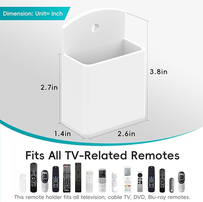 DRQ 4pc Adhesive Remote Control Holder, Wall Mount TV Controller Holder, TV Remote Organizer, Wall Pen Holder Desk Accessories Storage for Home Office School, White