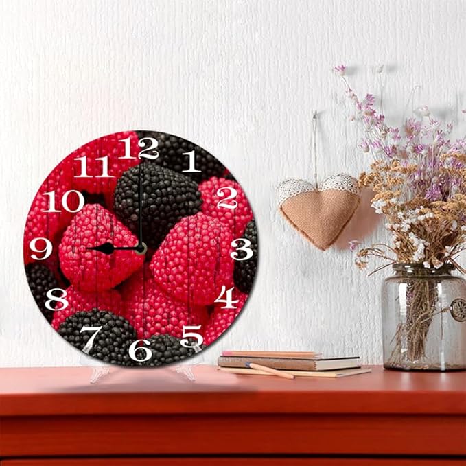 Mulberry Fruit Wall Clock 10 Inch Silent Non Ticking Battery Operated Wooden Modern Office Simple Minimalist Clock Decorative for Kitchen Home Bathroom Living Room
