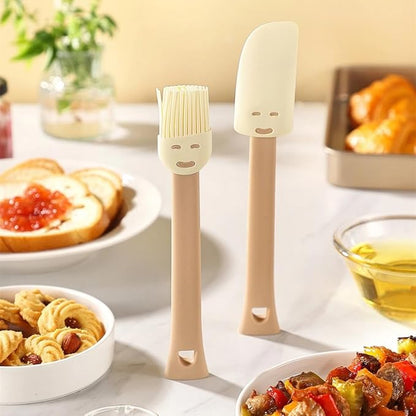 Silicone Baking Brush and Spatula Set, 2-Piece Heat Resistant BPA Free Silicone Kitchen Utensils, Non-Stick, Dishwasher Safe, Cute Smiley Face Design for Baking & Cooking