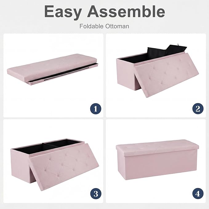 DUMOS 43in Foldable Storage Ottoman Bench, Storage Chest, Large End of Bed Foot Rest Stool with Padded Seat, Bedroom Bench for Living Room, Support 660lbs, Pink