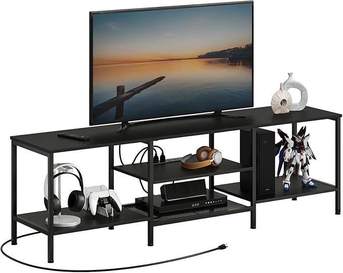 HOOBRO TV Stand with Power Outlets to 75 Inches, TV Console Table with Open Storage Shelves Cabinet, Industrial Media Entertainment Center for Living Room Bedroom, Black BB60DS01