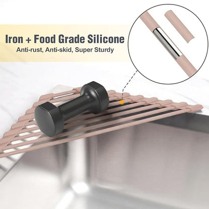 Tomorotec Small Triangle Roll-Up Dish Drying Rack with Silicone Coating Stainless Steel Frame for Sink Corners, Over-The-Sink Kitchen Drainer & Organizer for Space-Saving Storage-Light Brown