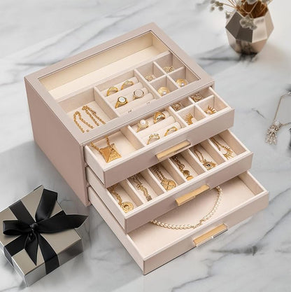 VLANDO Jewelry Box for Women, 3-Layer Jewelry Organizer with Drawers, Glass Lid Display Jewelry Storage, Soft PU Leather Exterior, Contrast Gold Metal Handles, Refined Style – Toffee