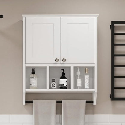 Bathroom Medicine Cabinet, Bathroom Cabinet Wall Mounted Over-The-Toilet with Towel Bar, 2 Doors & 3 Open Shelves, White