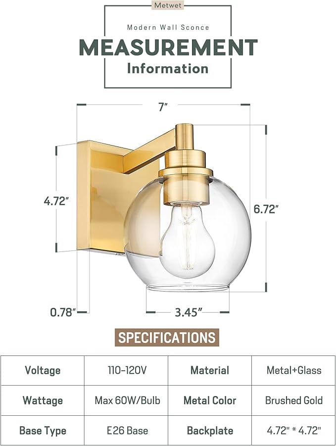 Wall Sconces Set of 2, 1-Light Brushed Gold Sconces Wall Lighting with Globe Clear Glass Shade, Modern Bathroom Vanity Light Fixtures for Mirror Bedroom Living Room, VL195-BG-CL-1-2PK