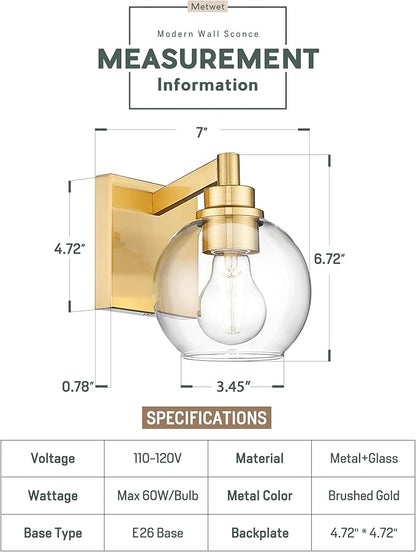 Wall Sconces Set of 2, 1-Light Brushed Gold Sconces Wall Lighting with Globe Clear Glass Shade, Modern Bathroom Vanity Light Fixtures for Mirror Bedroom Living Room, VL195-BG-CL-1-2PK