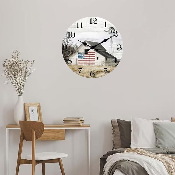 XFM Farmhouse Wall Clock 12 Inch Silent Non-Ticking Battery Operated Rustic Barn Wooden Clocks Country Round Clock for Kitchen Bedroom Living Room