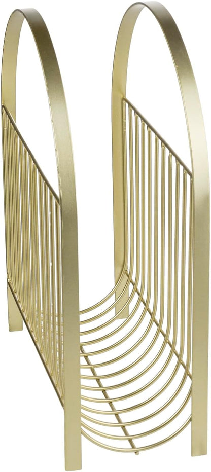 MyGift Deluxe Mid Century Brass Tone Metal Wire Magazine Holder Rack, Table or Floor Display Newspaper Stand Storage Sling for Magazines and Vinyl Record Albums