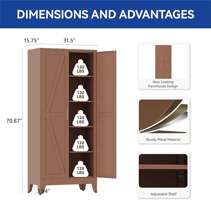 COFaR 71 in Tall Kitchen Pantry Cabinet, Metal Pantry Storage Cabinet with 4 Adjustable Shelves and 2 Barn Doors, Freestanding Farmhouse Food Cupboard for Dining Room, Brown 5-Tier