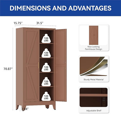 COFaR 71 in Tall Kitchen Pantry Cabinet, Metal Pantry Storage Cabinet with 4 Adjustable Shelves and 2 Barn Doors, Freestanding Farmhouse Food Cupboard for Dining Room, Brown 5-Tier